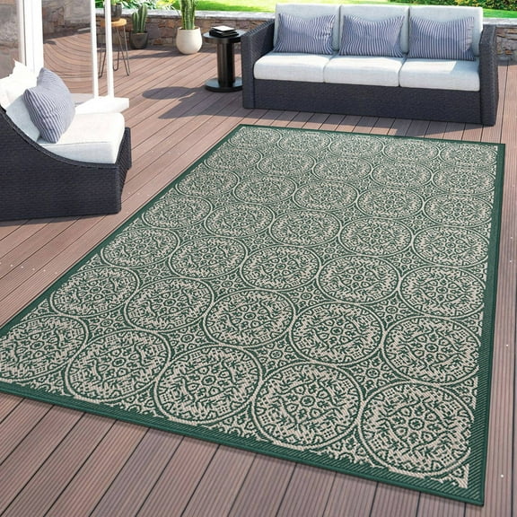 World Rug Gallery Transitional Floral Circles Textured Flat Weave Indoor/Outdoor Area Rug - GREEN 5' X 7'