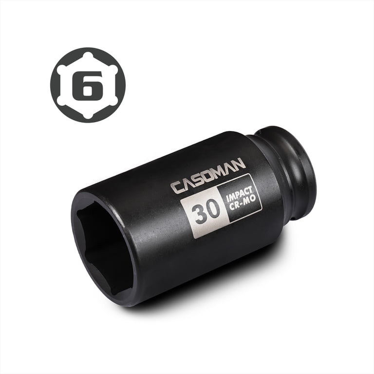 30mm 1/2" Drive Impact Socket | 12-Point Deep Metric Socket For Axle Nuts, CR-MO Steel With Laser Etching