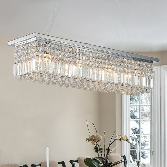 8-Lights K9 Crystal Chandelier for Dining Room, Chrome Rectangular Pendant Light Fixture for Kitchen Island, Raindrop Flush Mount Ceiling Light Fixture,Chain Adjustable