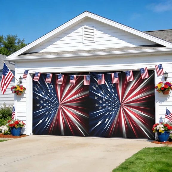 4th of July Garage Door Cover Banner 7 x 16 FT,Patriotic American Flag Red Blue Stars Striped Garage Door Curtains Backdrop with Grommets for Indoor Outdoor Wall Party Porch Yard Decor Background