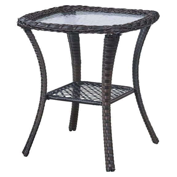 Rattan Patio Side Table, 2 Tier Hand Woven Wicker Bistro Table, 5 mm Frost Glass Top Square Table, Brown Wicker