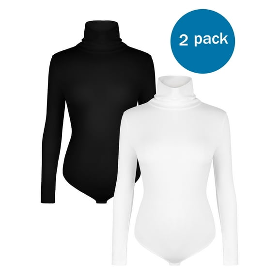 QRIC 2 Pack Women's Mock Turtle Neck Long Sleeve Tops Bodysuit Jumpsuit Black White XL