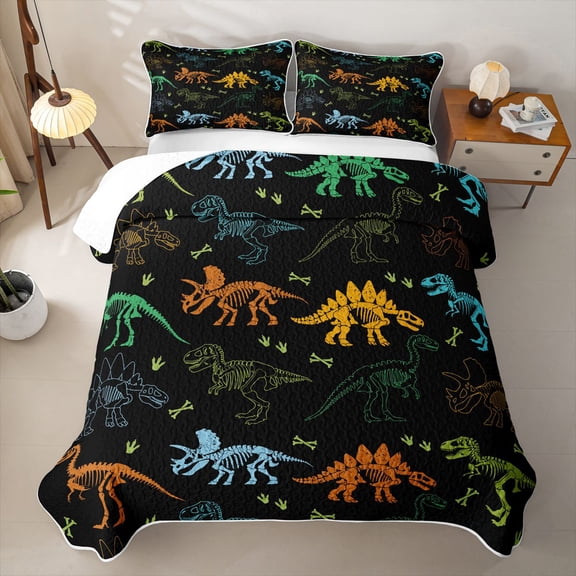 Homewish Colorful Dinosaur Twin Quilt Set for Kids, Black Twin Coverlet Set, 2 Pieces, 1 Comforter and 1 Pillowcase