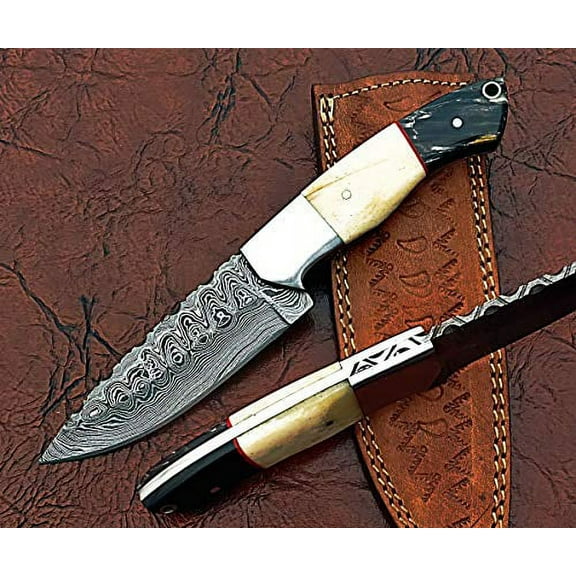 9" Long Drop Point Blade Skinning Knife, Hand Forged rain Drop Pattern Damascus Steel Full Tang Blade, Camel Bone and Bull Horn Scale with Steel Bolster, Cow Leather Sheath