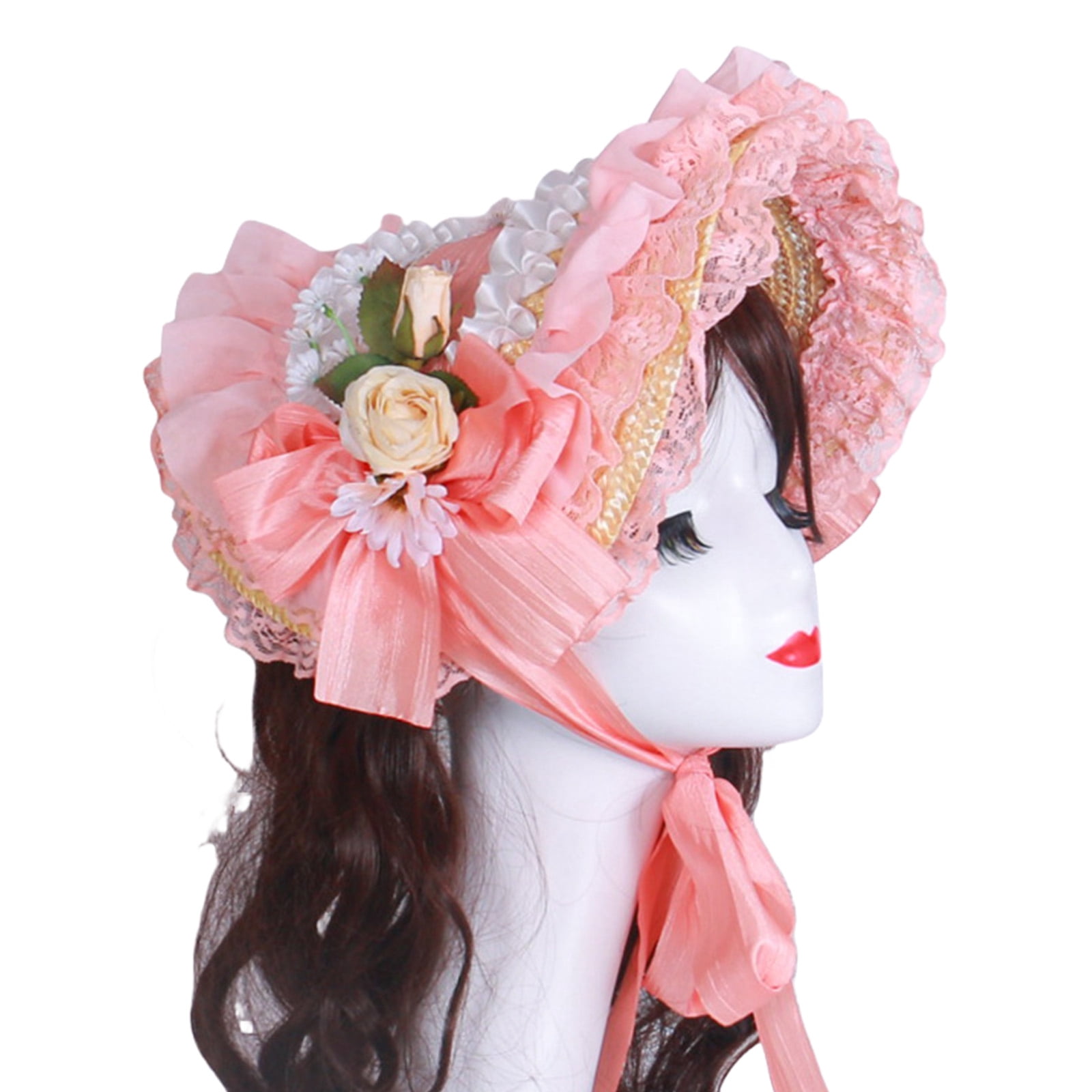 lixuesong Victorian Lace Designs Straw Bonnet Hat For Women With Ruffled Trim and Rose Flower For Cocktail Party And Cosplay Event