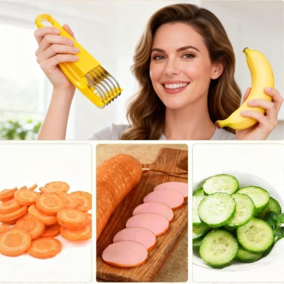 One Second Fruit Slicer – Manual Banana Cutter & Grape Slicer, Stainless Steel Vegetable Chopper for Cucumber Sausage Strawberry, Portable Kitchen Gadget (1PC)