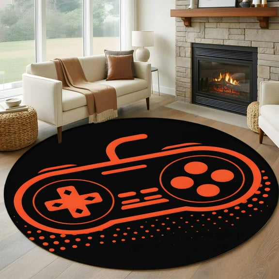 Orange Game Controller Round Rug 5ft Washable Circle Kitchen Rugs Non Slip Modern Art Gaming Handheld Black Large Area Rug Indoor Floor Carpet for Bedroom Living Room Home Office Dining Room Nursery