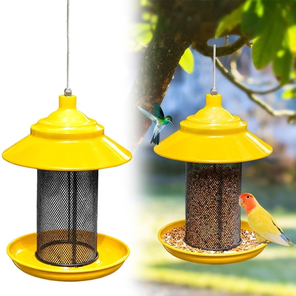 Apeya Yellow Hanging Bird Feeder, Squirrel Proof Metal Mesh Tube Feeder with Seed Tray, Weather Resistant Outdoor Wild Bird Feeder for Yard Garden, 8.26x5.9 in