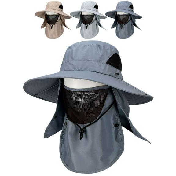Deago Men's Outdoor Sun Hat with Face Neck Flap UV Protection Wide Brim Fishing Cap for Hiking Safari UPF 50 (Dark Gray)