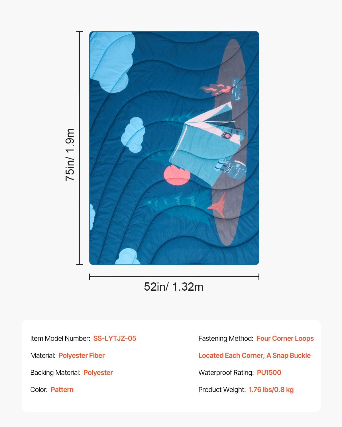 Wearable Camping Blanket 75x52 Inch, PU1500 Waterproof Polyester, 220GSM Fleece Inner, Lightweight 1.76 lbs, Snap Buckle Design for Outdoor Cloak Travel