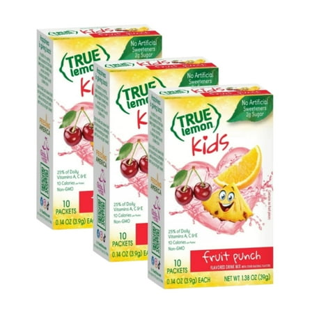 (3 Pack) True Lemon Kids Fruit Punch Low Sugar Powder Drink Mix, No Artificial Sweeteners, 10 Count Box