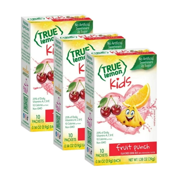 (3 Pack) True Lemon Kids Fruit Punch Low Sugar Powder Drink Mix, No Artificial Sweeteners, 10 Count Box