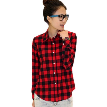 - EFINNY Women's Plaid Check Lapel Button Down Blouse