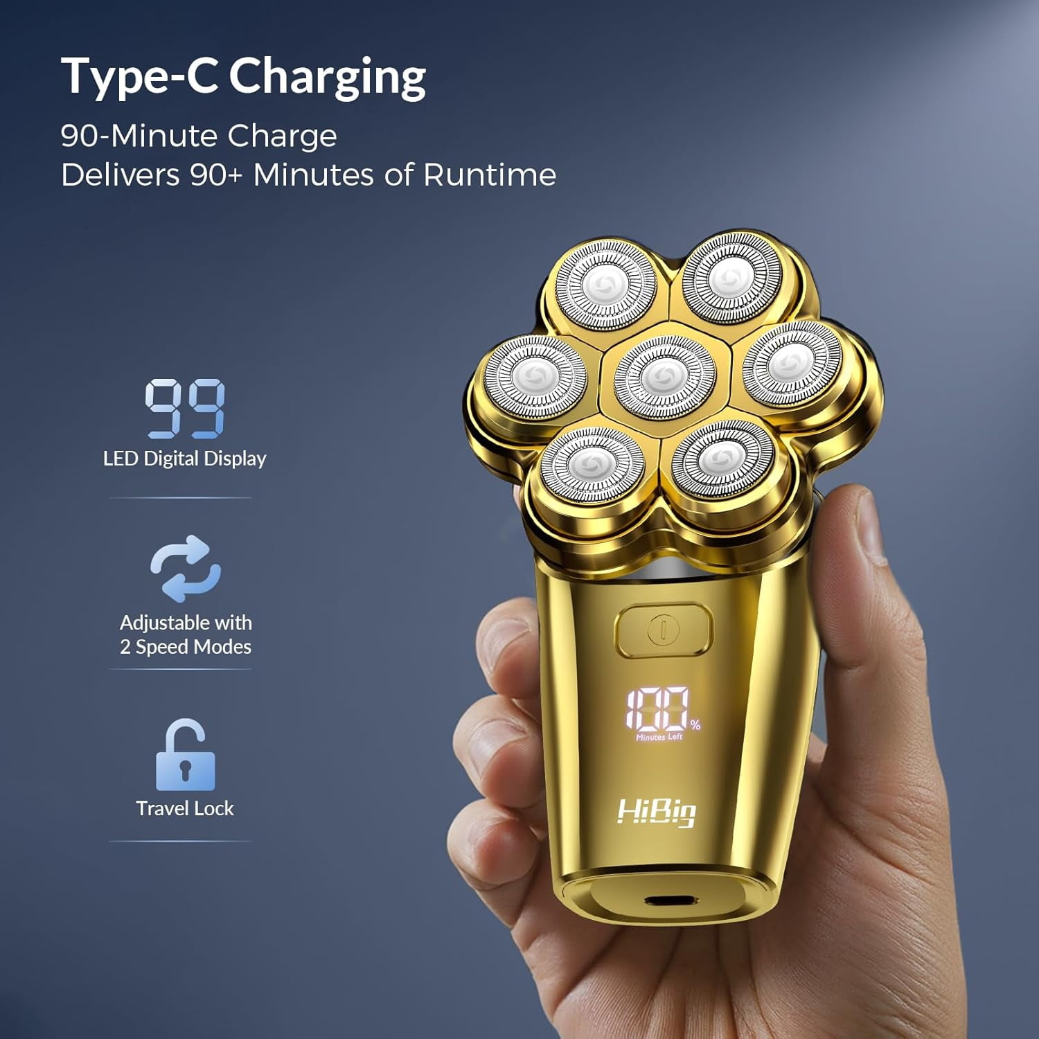 Head Shavers for Bald Men - 7D Arc Electric Razor with Magnetic Detachable Head, Waterproof Wet Dry 5-in-1 Electric Shaving & Grooming Kit, LED Display Rechargeable Head & Body Hair Shaver, Gold