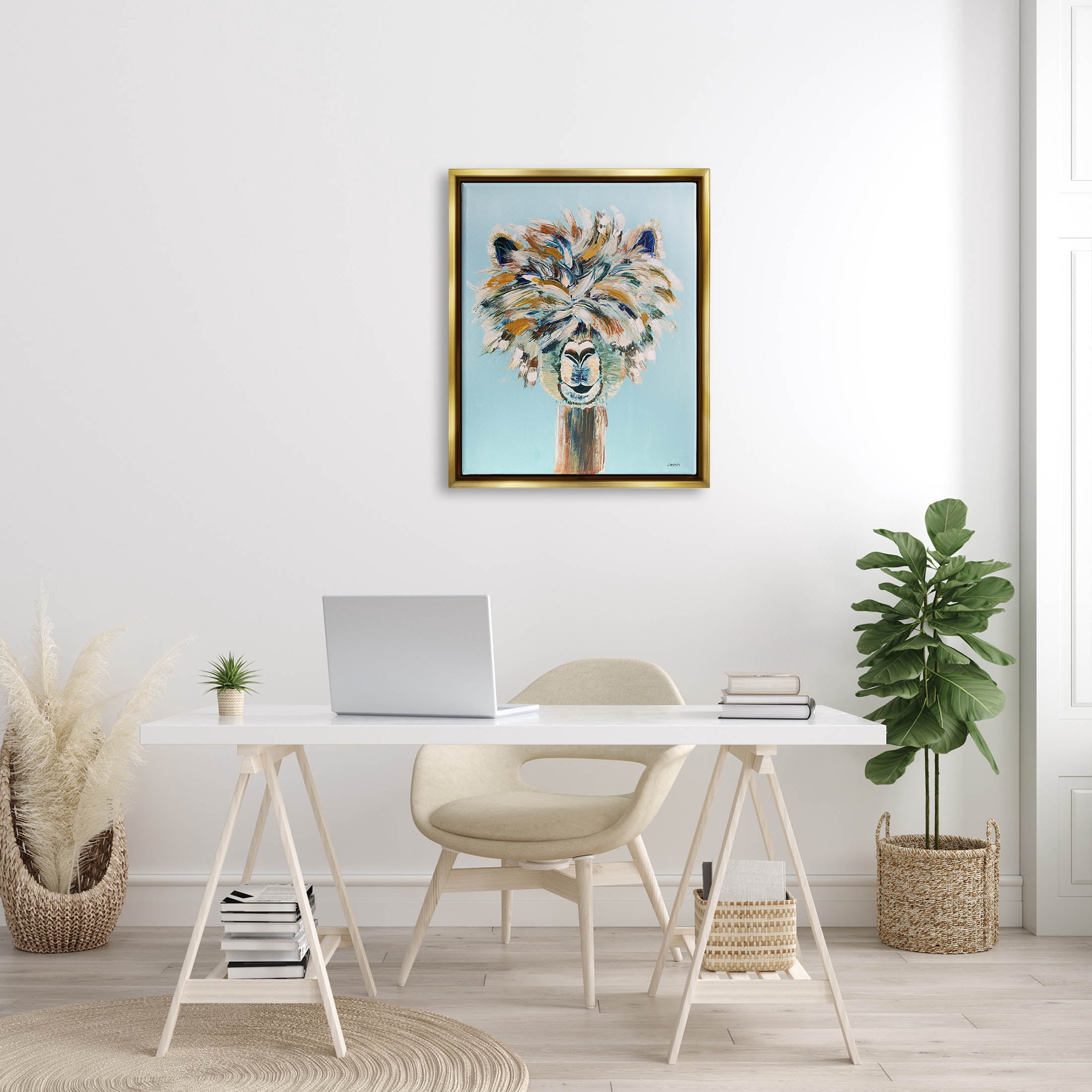 Fluffy Alpaca Happy Animal Animals & Insects Painting Metallic Gold Framed Art Print Wall Art
