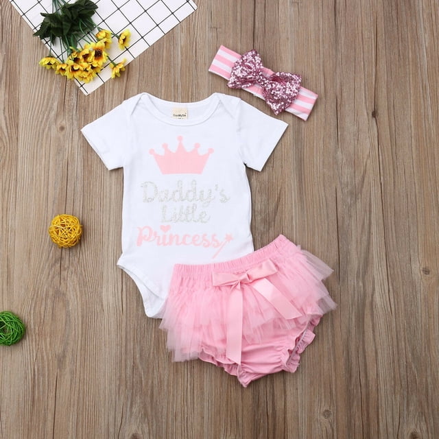 3Pcs Newborn Baby Girl Princess Romper Bodysuit Jumpsuit Tutu Dress Headband Clothes Outfit Set