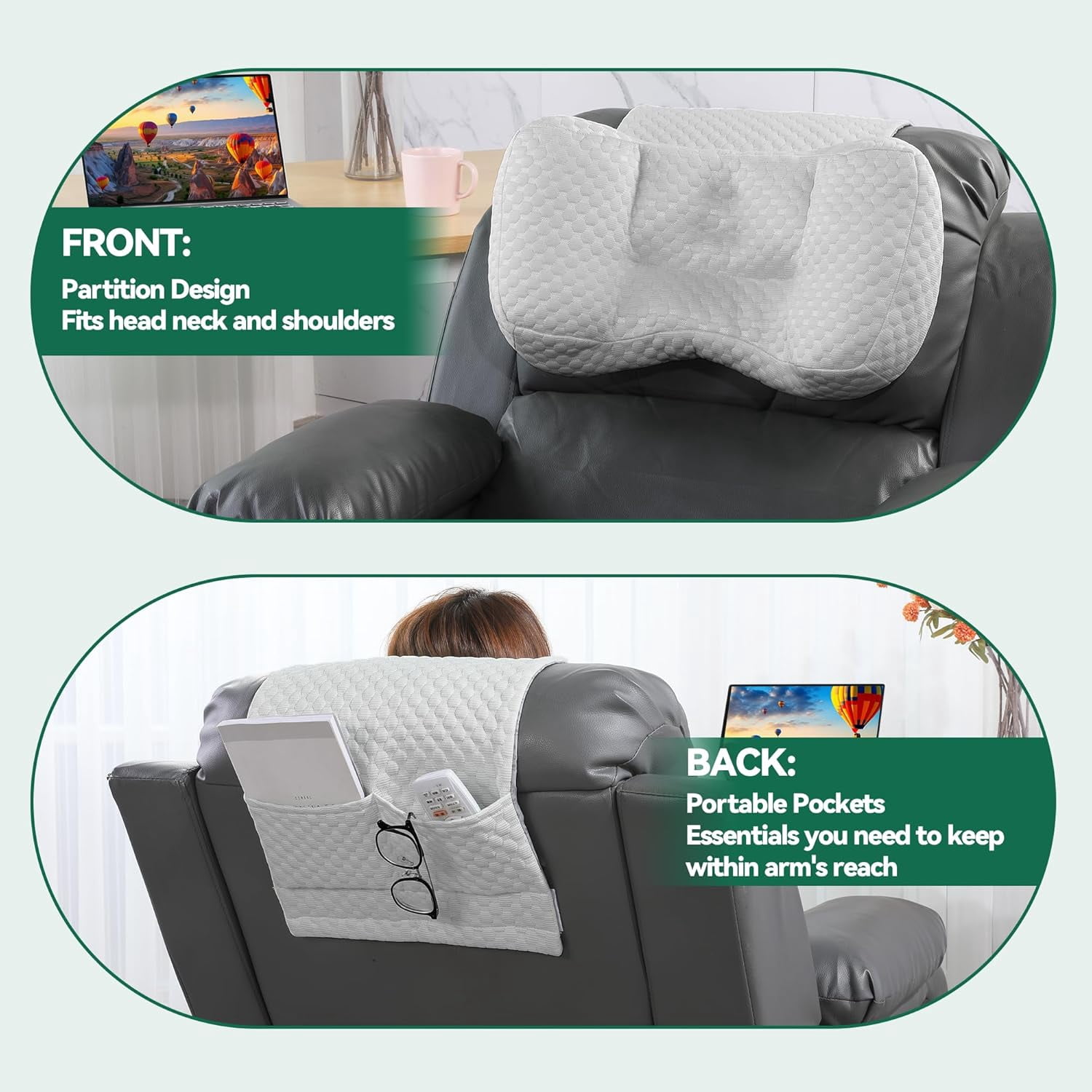 HOMBYS  Neck Pillows for Recliners with Pocket,Headrest Cushion for Neck Pain Relief and Cervical Support,Recliner Head Pillow for Side Sleeping at Home, Office or Traveling
