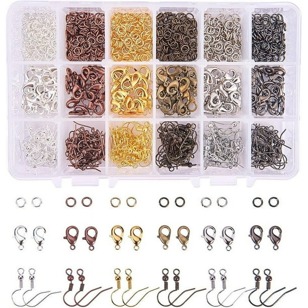 1 caja de 930 piezas con kit de fornituras para joyería, que incluye anillas de latón, cierres de mosquetón y ganchos para pendientes. 6 colores.