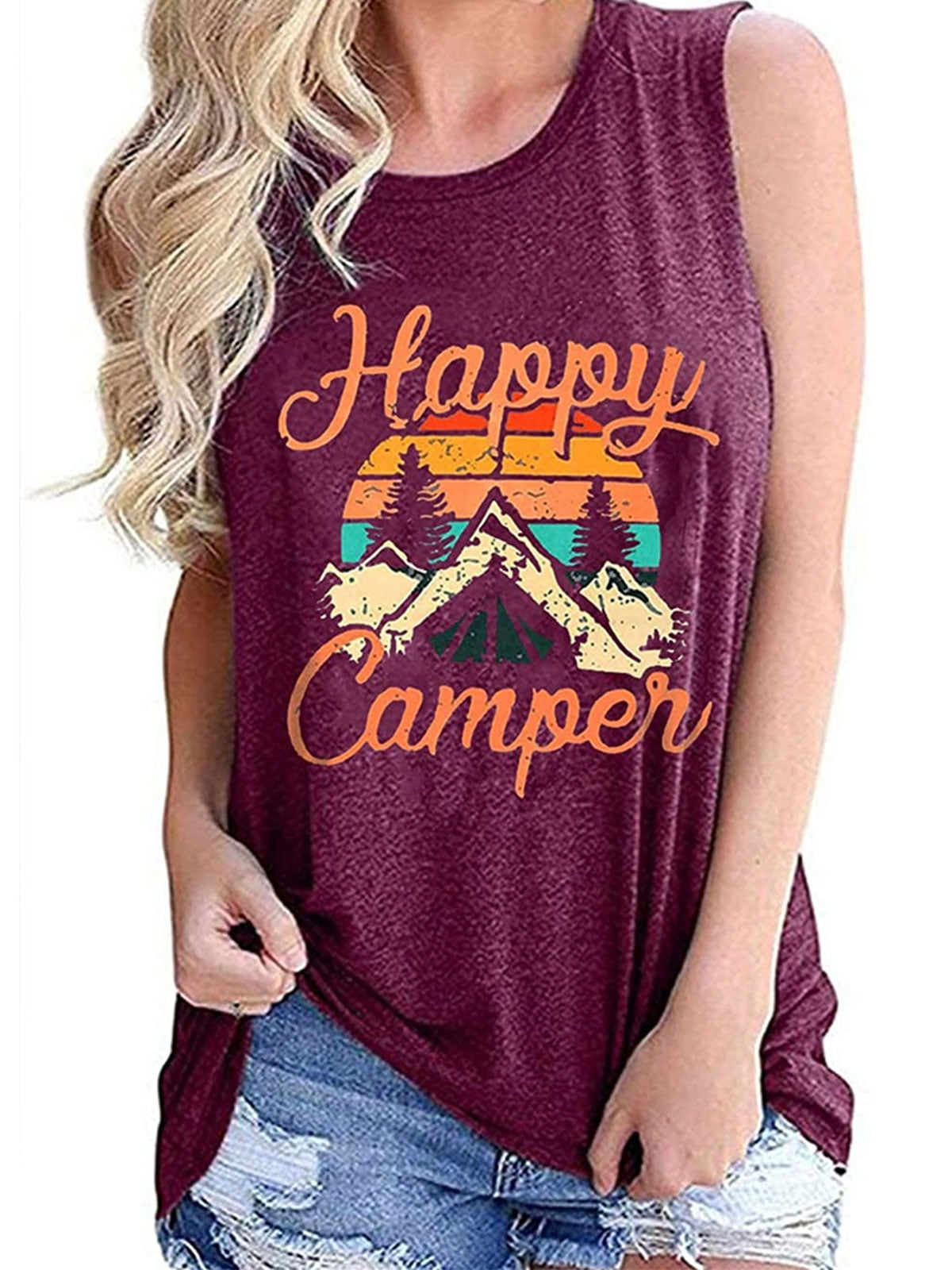 Hiker Tank Workout Tee Funny Shirt Happy Camper Women's Racerback Tank Camping Shirt Graphic Tee Workout Top