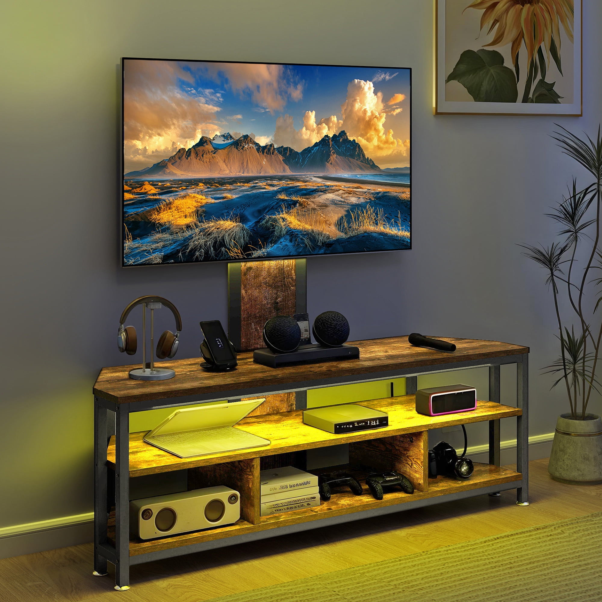 Uforic Height Adjustable TV Stand Mount with Power Outlet with LED Lights for TVs up to 70 inches, Brown