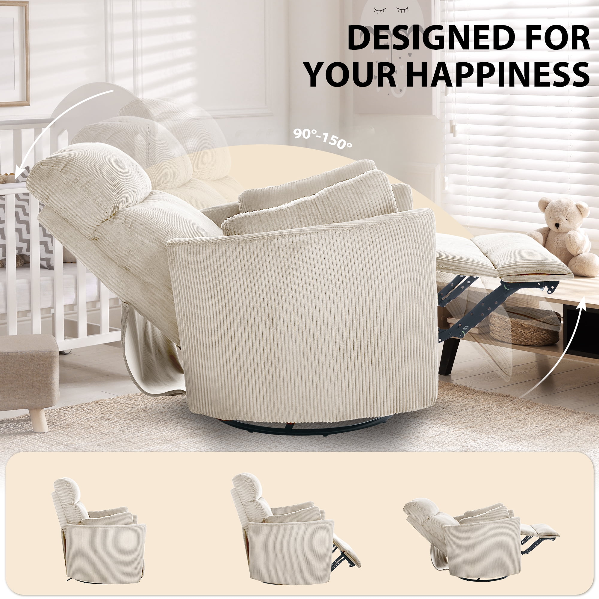 36.72'' Wide Swivel Rocker Glider Recliner with Adjustable Pillows and USB, Beige Corduroy Nursery Chair
