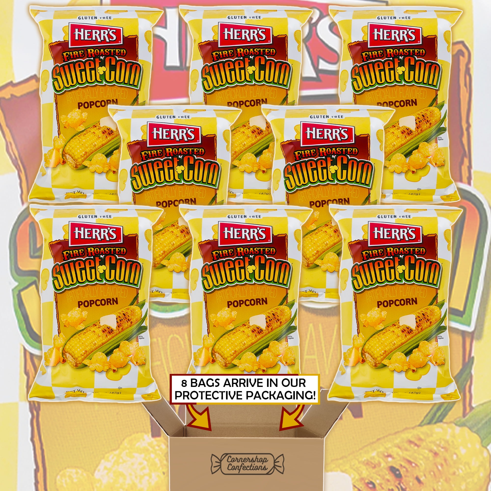 Herr's Fire Roasted Sweet Corn Bulk Share Pack - 8 1.5oz Bags of Air-popped Gluten Free Sweet Corn Flavored Popcorn - Movie Night, Road Trips, Flights, Work Snack in Cornershop Confections Box