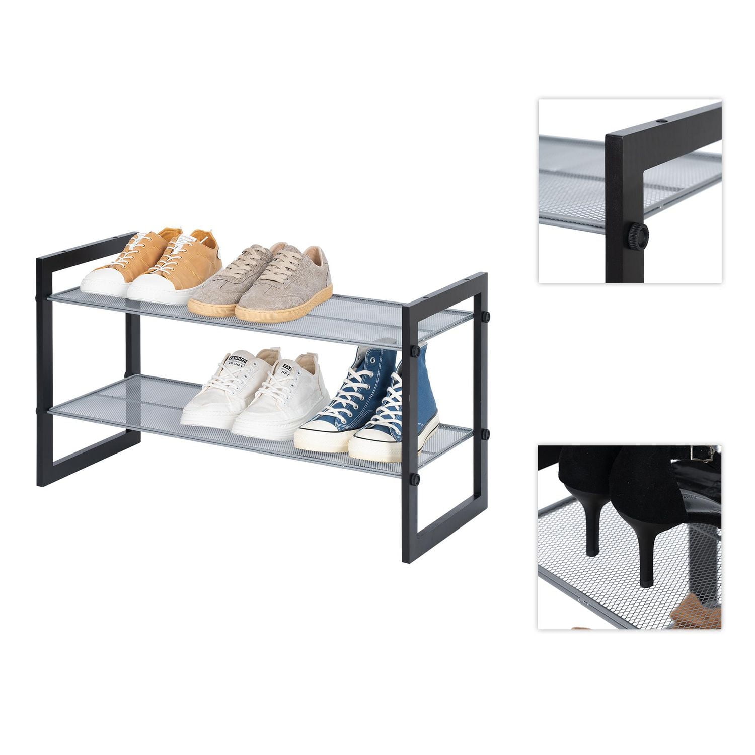 Mainstays Two-Tier Stackable Shoe Rack, Mesh Silver Shelves with Brown Wood Frame, Stackable, Product assembled size:29.5 in. W x 12 in. D x 16 in. H