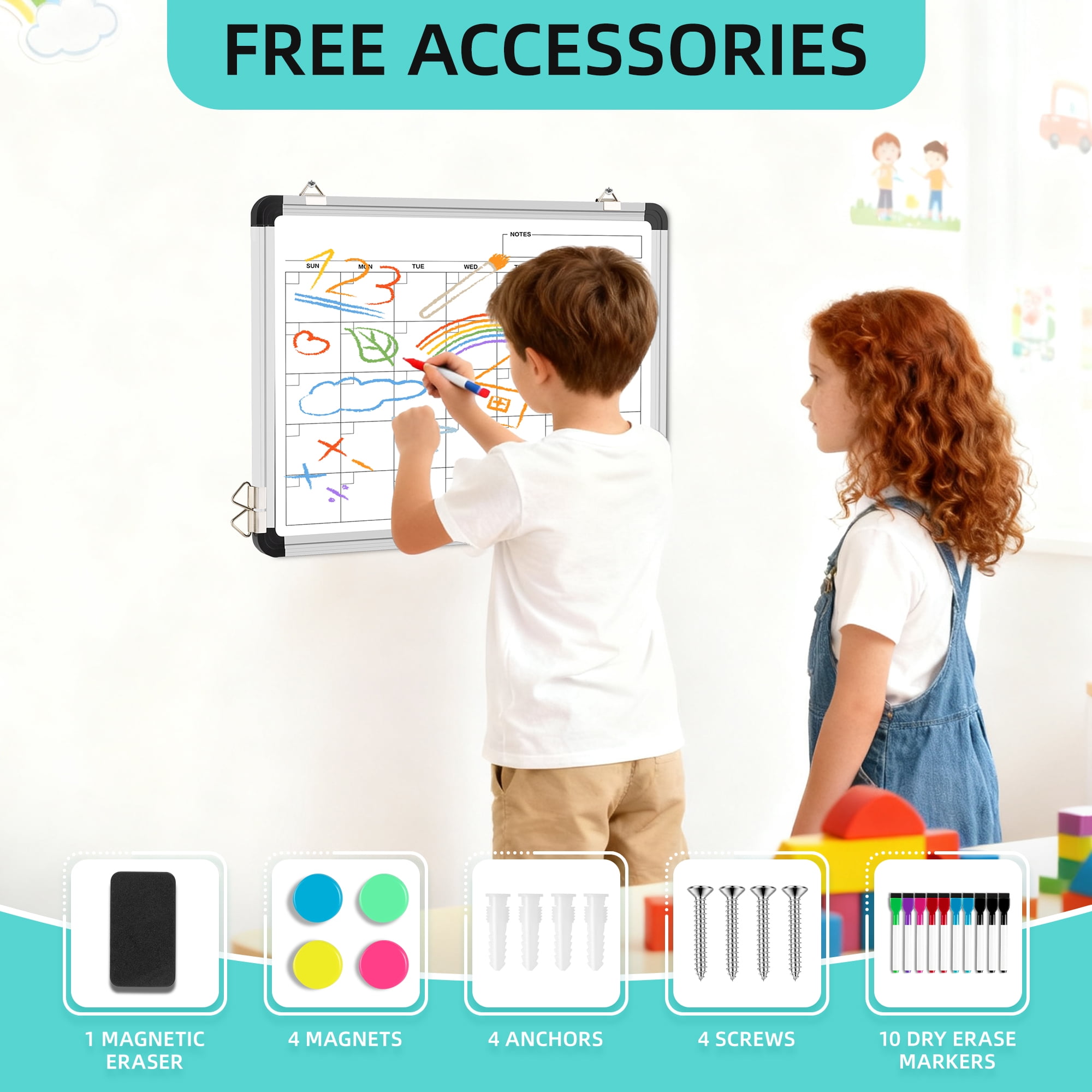 Elevon Monthly Dry Erase Calendar Whiteboard, 16" x 12" Double-Sided Wall-Mounted Whiteboard for Office, Desk, Kitchen, or Dorm Room Organization