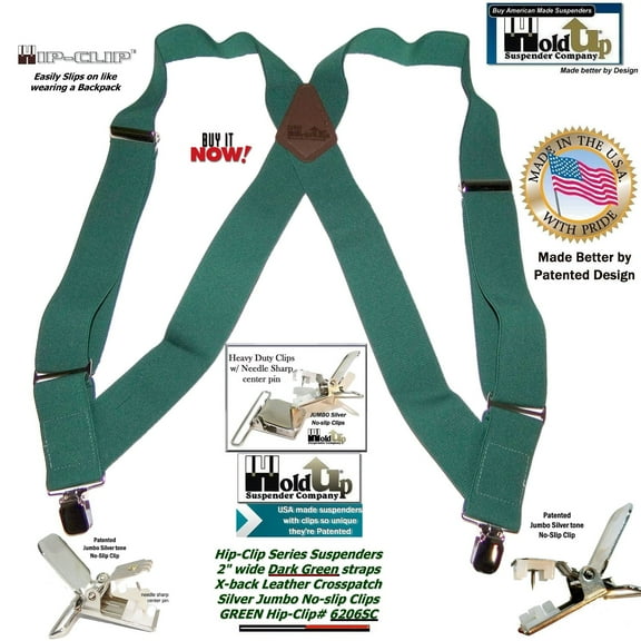 Holdup Brand Dark Green Hip-clip Side Clip Suspenders with jumbo no-slip clips