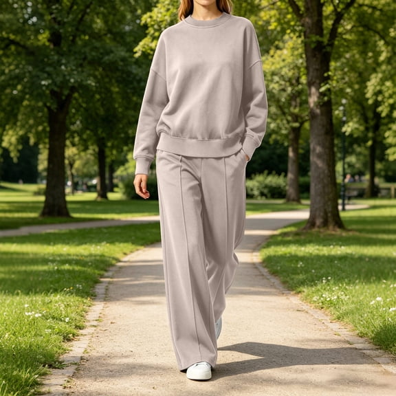 Costeam Women Crew Neck Long Sleeve Top Wide Leg Pants 2 Piece Outfit Set Soft Stretch Knit Loungewear Tracksuit with Side Pockets Loose Fit Casual Daily Outdoor Bottom Sets