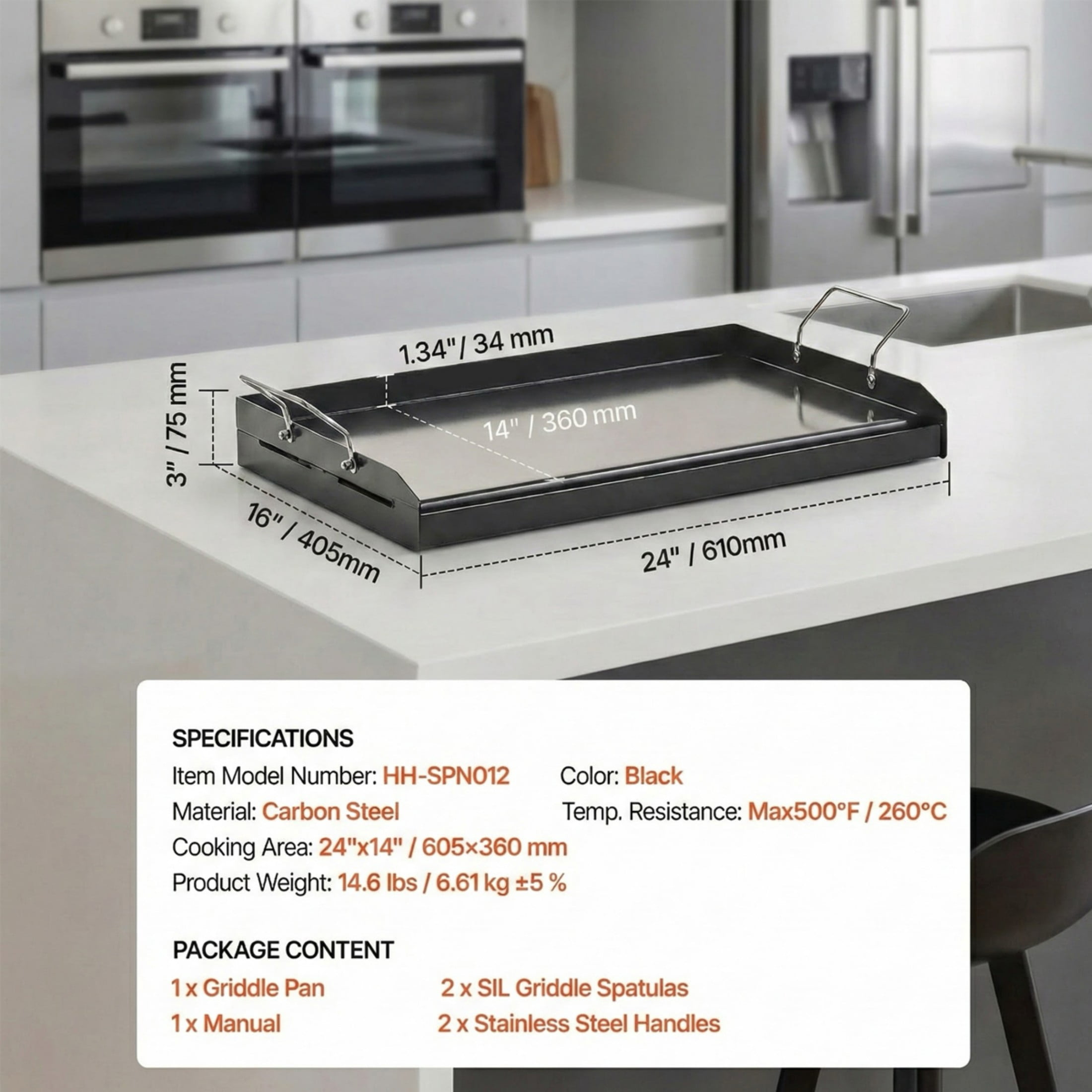 Carbon Steel Griddle 24x16 in, Universal Fit for Gas Grills, Portable with Handle for Camping, Tailgating & Teppanyaki