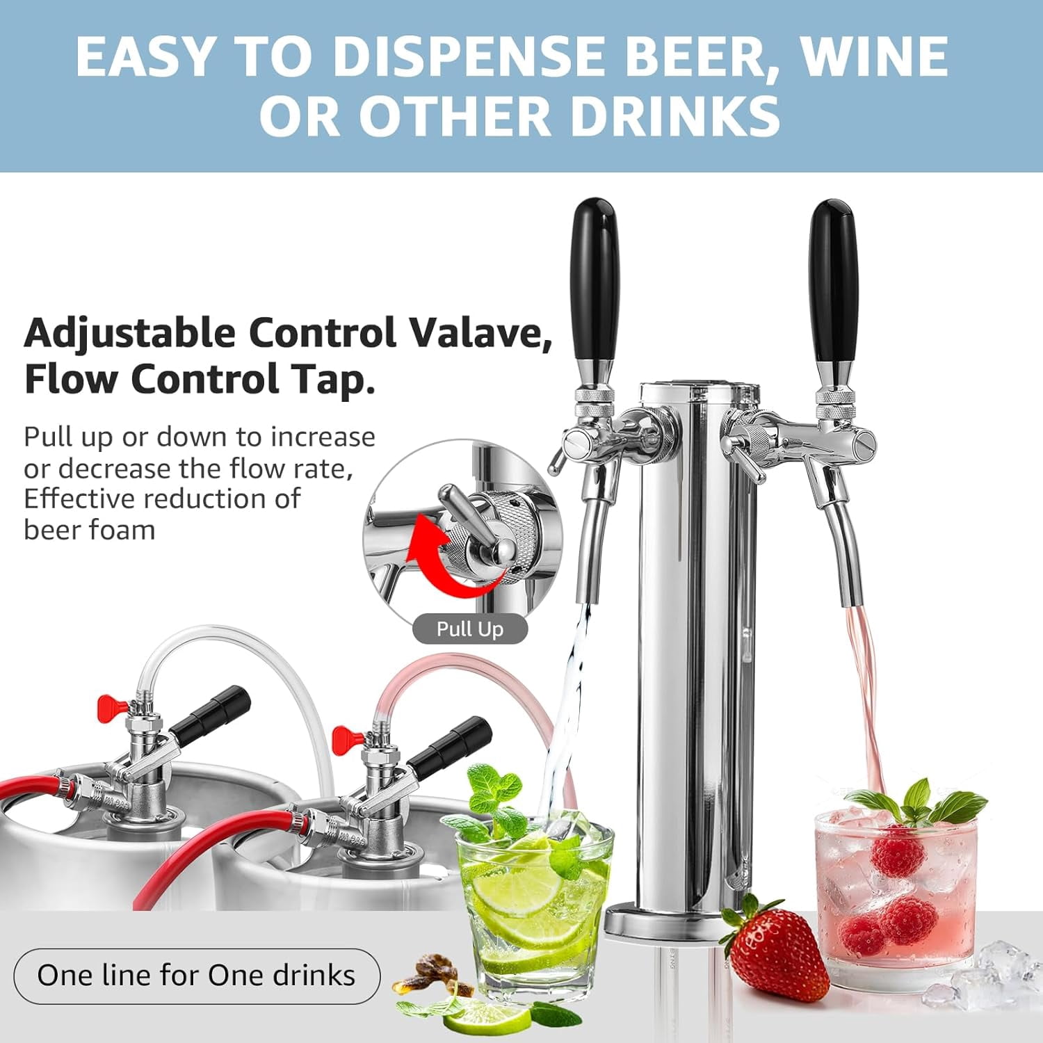 Upgraded Adjustable Dual Tap Kegerator Tower with Flow Control -Closing Faucet and Pre-Assembled Lines