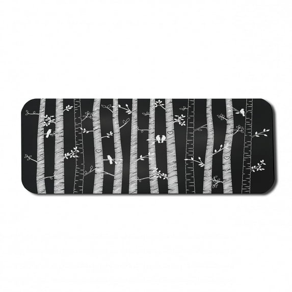 Black and White Computer Mouse Pad, Sketch Style Jungle with Long Tree Trunks and Birds Autumn Nature Doodle, Rectangle Non-Slip Rubber Mousepad Large, 31" x 12", Black White, by Ambesonne