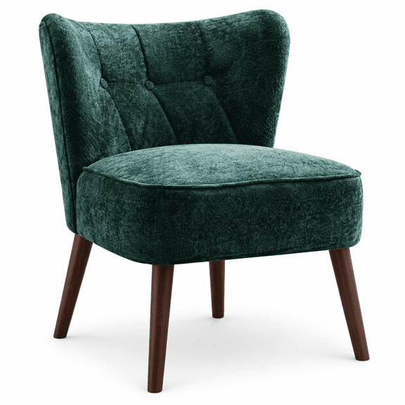 Armless Accent Chair, Green Fabric Upholstered Tufted Reading Chair with Wood Legs for Living Room, Bedroom or Makeup Vanity