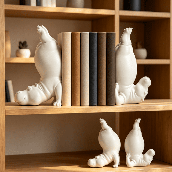 Hippo Bookends, Heavy Resin Acrobatic Hippo Bookends for Shelves, 10 Inch Tall Decorative Book Ends with Upside-Down Design for Farmhouse Home Office Decor 2PCS Hippo Bookends