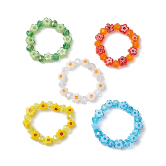 Glass Beaded Stretch Finger Rings for Women Flower Mixed color Size 7 1/4(17.5mm)
