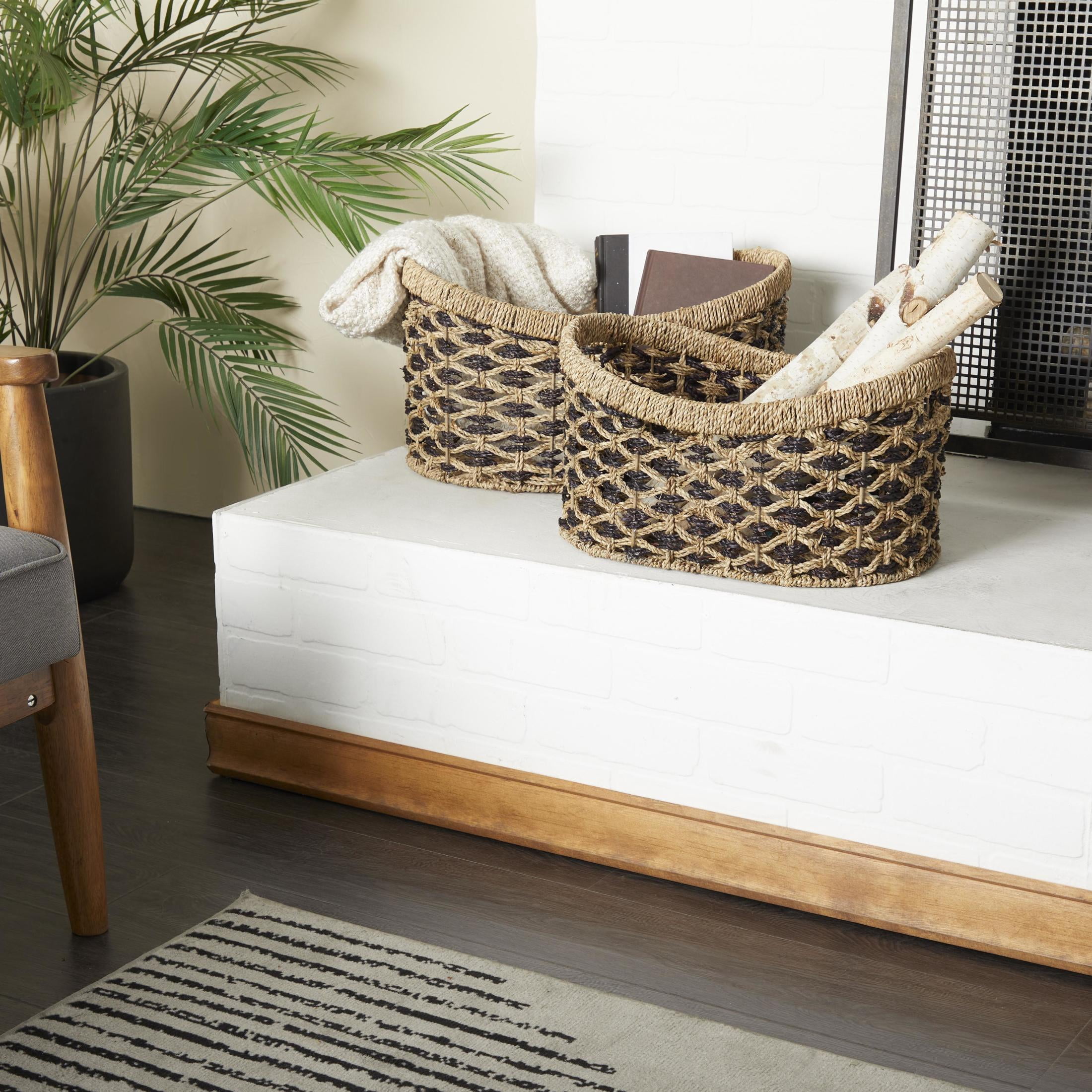 DecMode 10", 9"H Brown Seagrass Handmade Two Toned Storage Basket with Handles, 2-Pieces