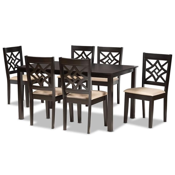Bowery Hill Sand Fabric Upholstered and Brown Finished Wood 7-Piece Dining Set