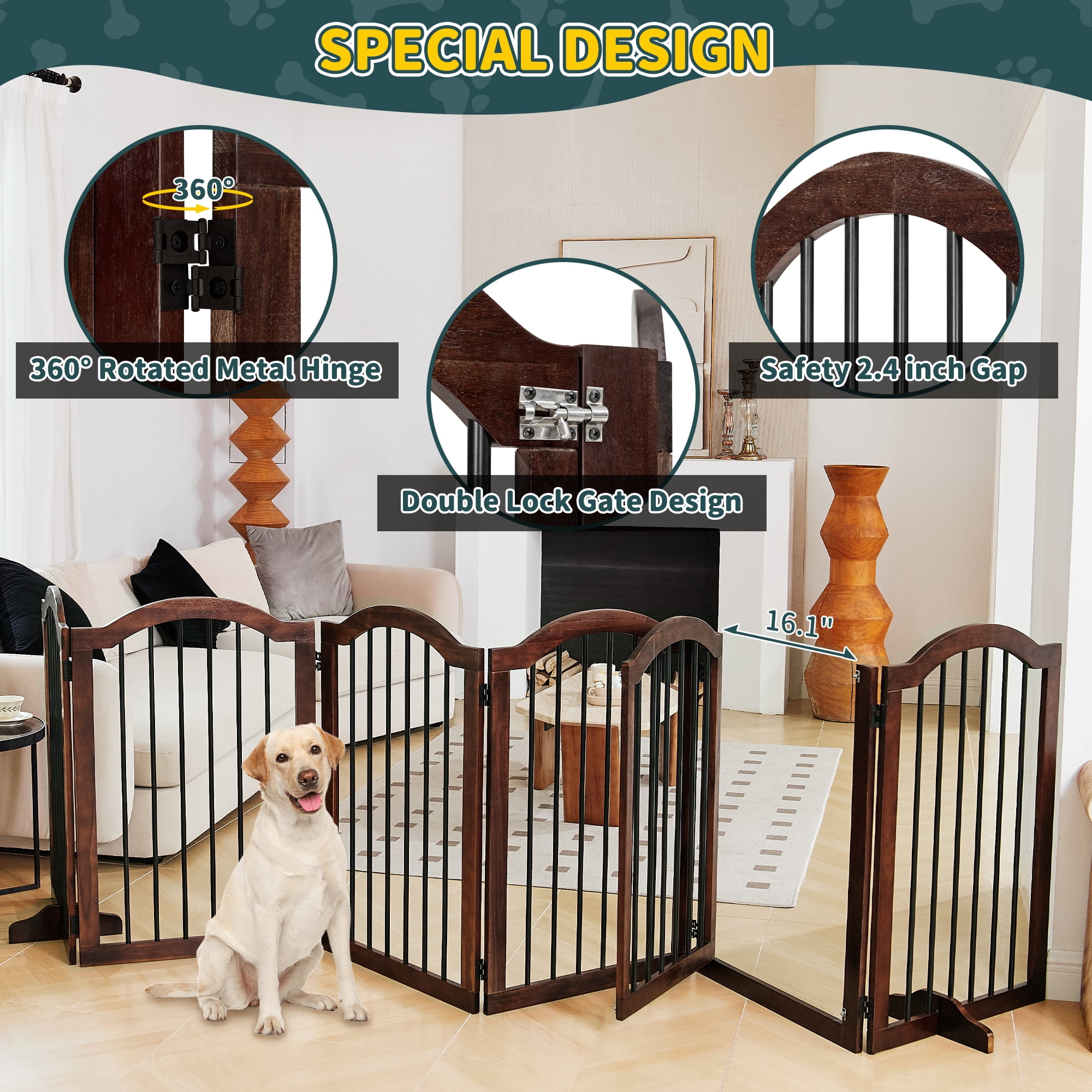 TrumanPick Dog Gate Free Standing Foldable Pet Gate for Dogs 30"H x 144"W
