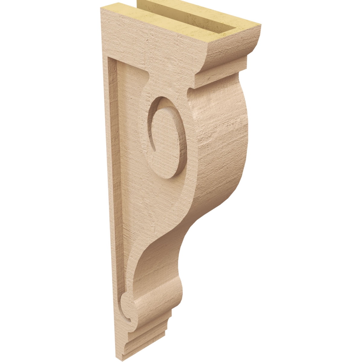 3"W x 6"D x 18"H Thin Scroll Rough Cedar Woodgrain TimberThane Corbel, Primed Tan