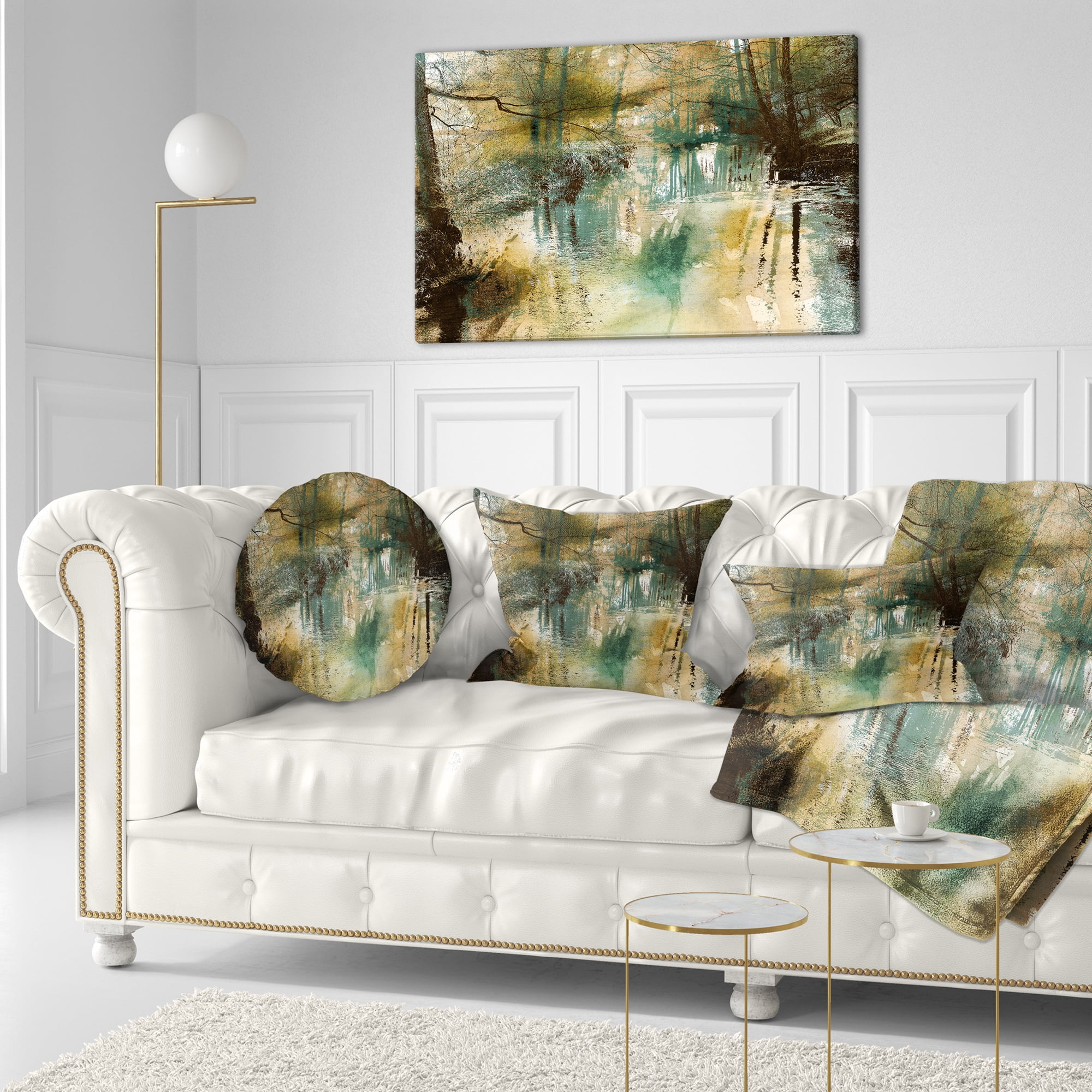 Designart River and Trees Oil Painting - Landscape Painting Throw Pillow - 12x20