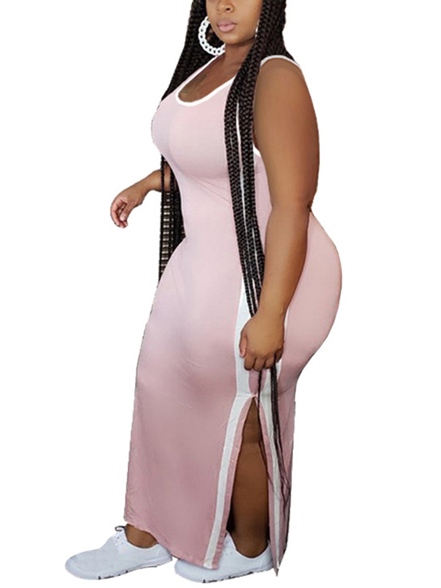 Fitfulvan Womens Round Neck Stripe Sleeveless Maxi Dresses Casual Long Dresse with Pocket Beach Sundress 