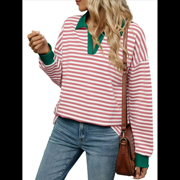 Sudaderas A Rayas de Talla Grande para Mujer, de Larga, con Cuello de Solapa, Informales, Suaves, Tipo Pulóver, Camisetas Rosa XL