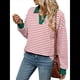 thumbnail image 1 of Sudaderas A Rayas de Talla Grande para Mujer, de Larga, con Cuello de Solapa, Informales, Suaves, Tipo Pulóver, Camisetas Rosa XL, 1 of 10