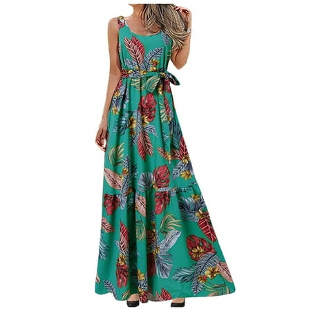 

Formal Dresses for Women Plus Size Dress for Women Women Summer Sleeveless Tank Dresses Beach Floral Print Casual Loose Fit Long Dress with Belt on Clearance Dresses for Women Green M