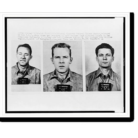 Historic Print, Official Alcatraz Federal Prison photos, ..., show three men reported to have escaped from Alcatraz Island in San Francisco Bay, early 6/12, 16" x 20"