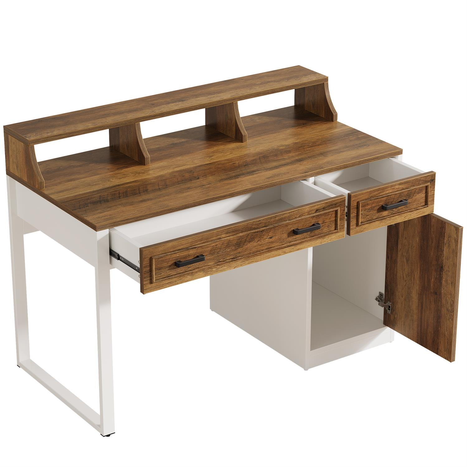 Demi Bonn 47" Executive Desk with Matching Hutch, Home Wooden Office Desk Furniture, Space-Saving Workstation, Brown