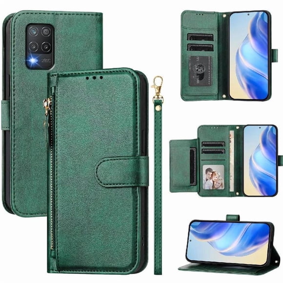 Étui à Rabat pour REALME Q3 5G avec Poche à Fermeture Éclair, Portefeuille Magnétique à Rabat avec 7 Emplacements pour Cartes et Dragonne