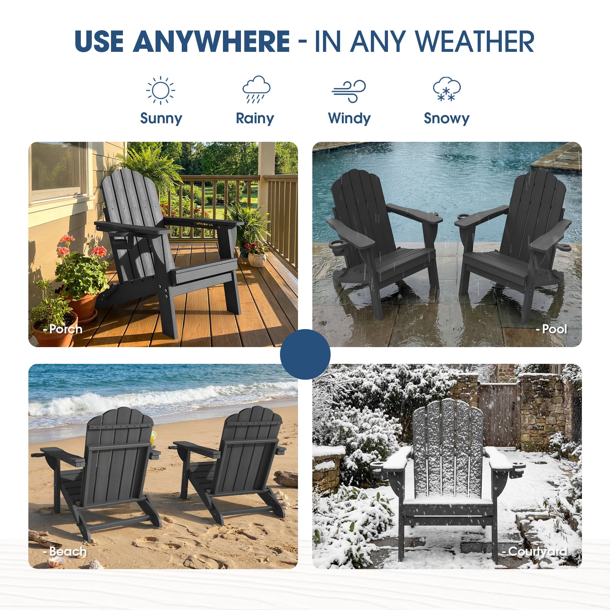 Folding Adirondack Chair, All-Weather HDPE Plastic Patio Fire Pit Chair, Gray