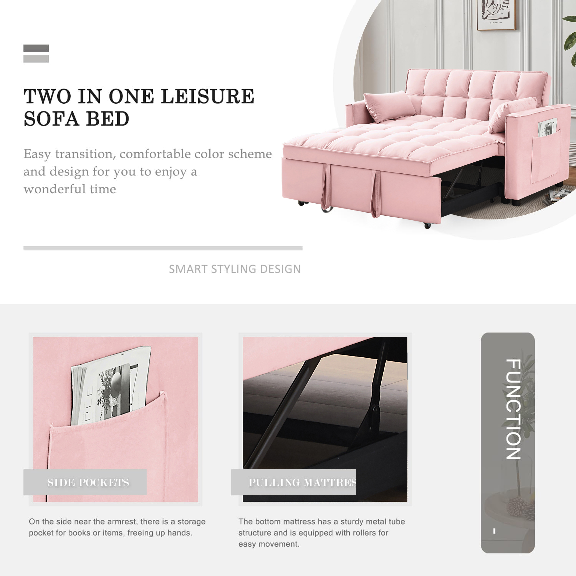 DEALTOPS Convertible Loveseat 55" 3-in-1 Multi-Functional Pull-Out Bed, Pink Velvet